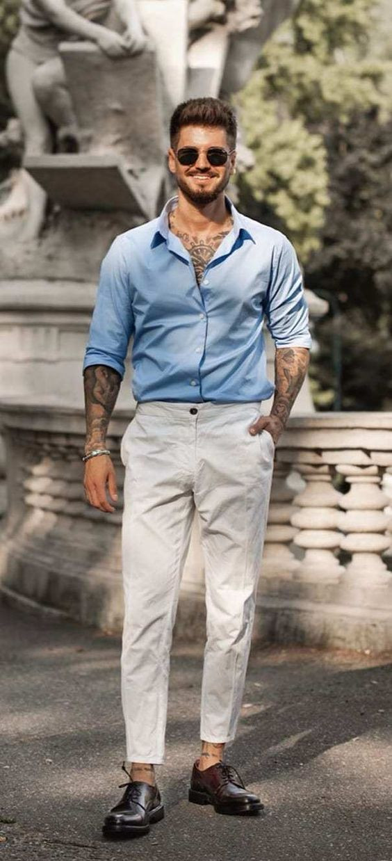 Light Blue Shirt, Birthday Outfit Designs With White Suit Trouser, Blue Shirt Men Outfit: 