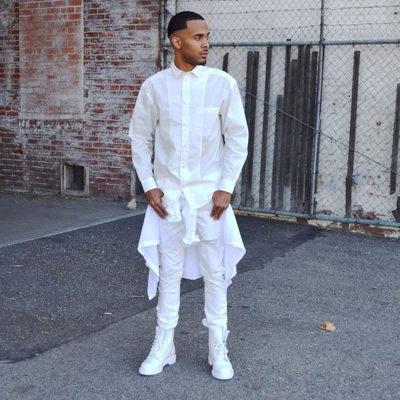 All White Attires Ideas With White Casual Trouser, White Casual Midi Tiered Casual Dress, Men's All White Party Outfit Ideas: 