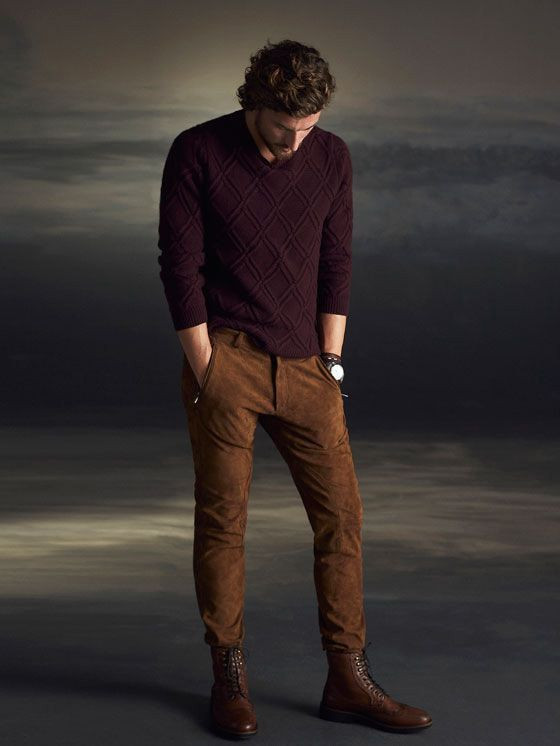 Purple And Violet Sweater, Boot Outfit Designs With Brown Casual Trouser, Men's Pants With Boots: 