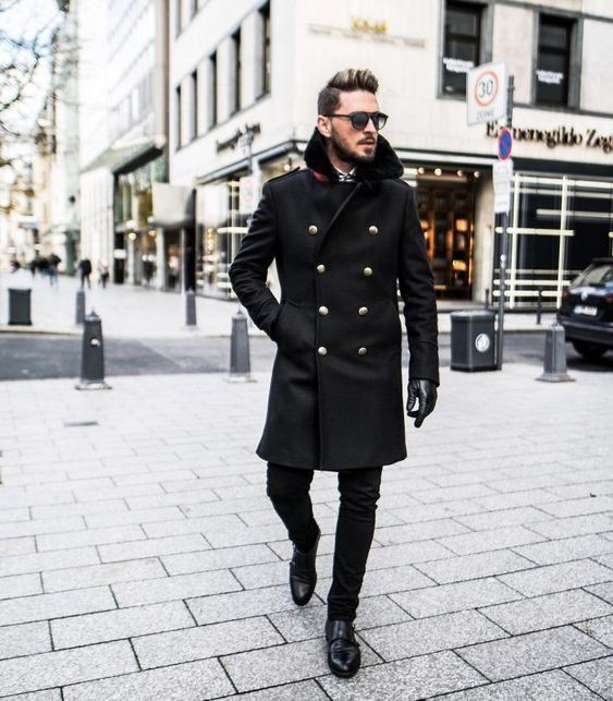 Black Winter Coat, Gloves Fashion Wear With Black Jeans, Black Peacoat Outfit: 