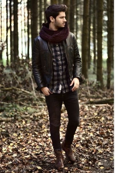 Brown Pilot Jacket, Scarf Outfit Trends With Black Casual Trouser, Men Autumn Wear: 