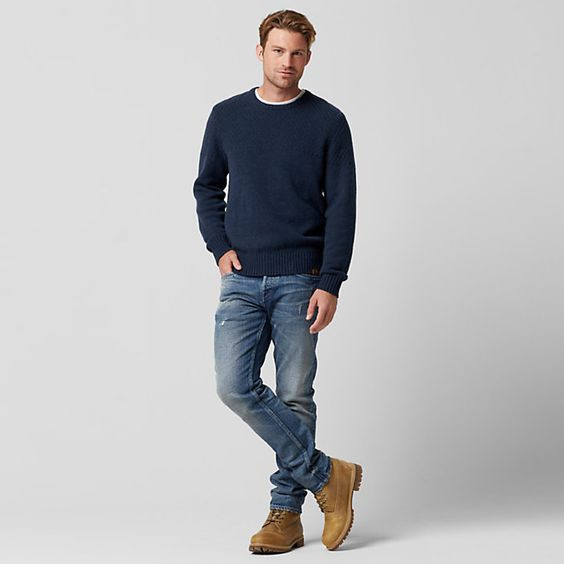 Dark Blue And Navy Sweater, Boot Outfit Designs With Light Blue Jeans, Jeans: 