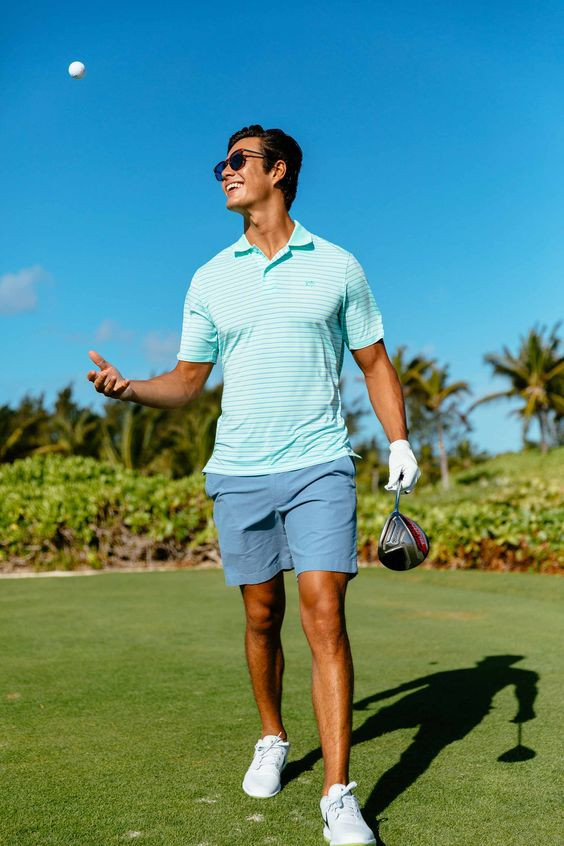 Light Blue Polo-shirt, Golf Outfit Designs With Blue Denim Short, Golf  Outfit Men Summer | Polo shirt, golf equipment, sports equipment,  professional golfer