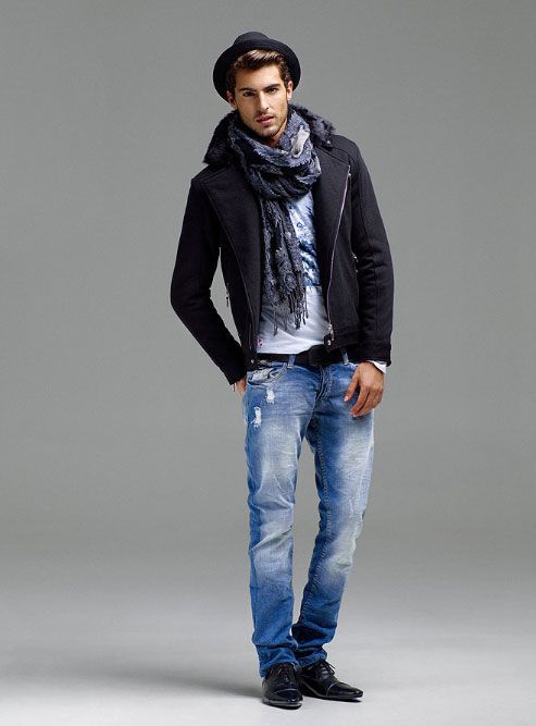 Black Biker Jacket, Scarf Fashion Tips With Light Blue Jeans, Winter Men's Fashion High School: 
