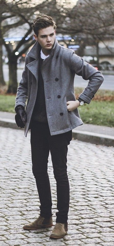 Grey Peacoat, Gloves Outfit Designs With Black Jeans, Winter Classy Outfits Men: 
