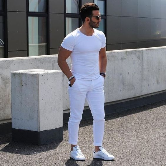 White T-shirt, All White Wardrobe Ideas With White Jeans, All White Outfit Men: 