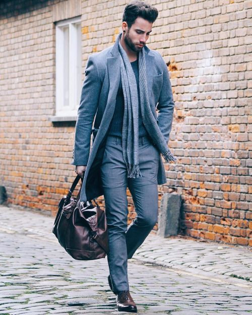 Grey Suit Jackets And Tuxedo, Scarf Clothing Ideas With Light Blue Jeans, Businessman Winter Outfit: 