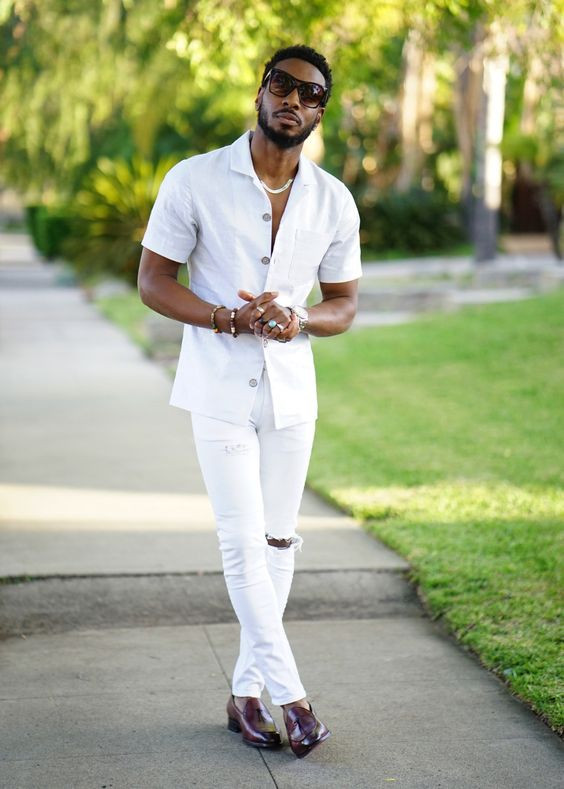 White Shirt, All White Fashion Trends With White Casual Trouser, Full White Outfit Men: 