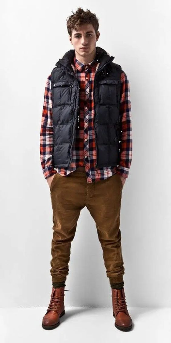 Black Winter Jacket, Brown Boot Fashion Tips With Brown Casual Trouser, Vest With Flannel Shirt: 