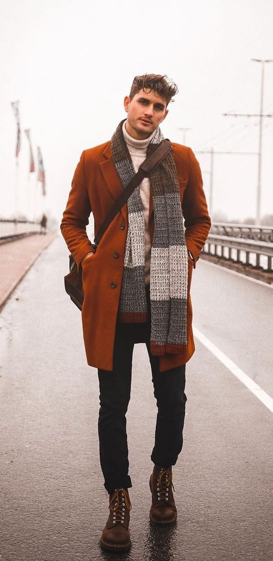 Brown Winter Coat, Scarf Outfit Trends With Black Jeans, Coat: 