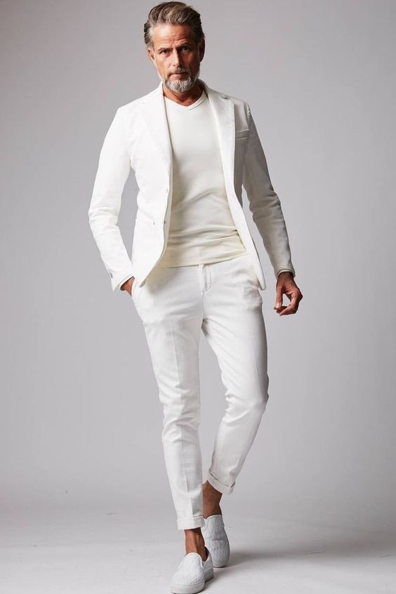 Beige Suit Jackets And Tuxedo, All White Outfits With White Casual Trouser, Fashion Model: 