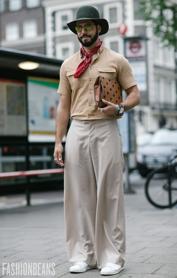 Beige Polo-shirt, Bandana Fashion Outfits With Beige Formal Trouser, Headgear: 