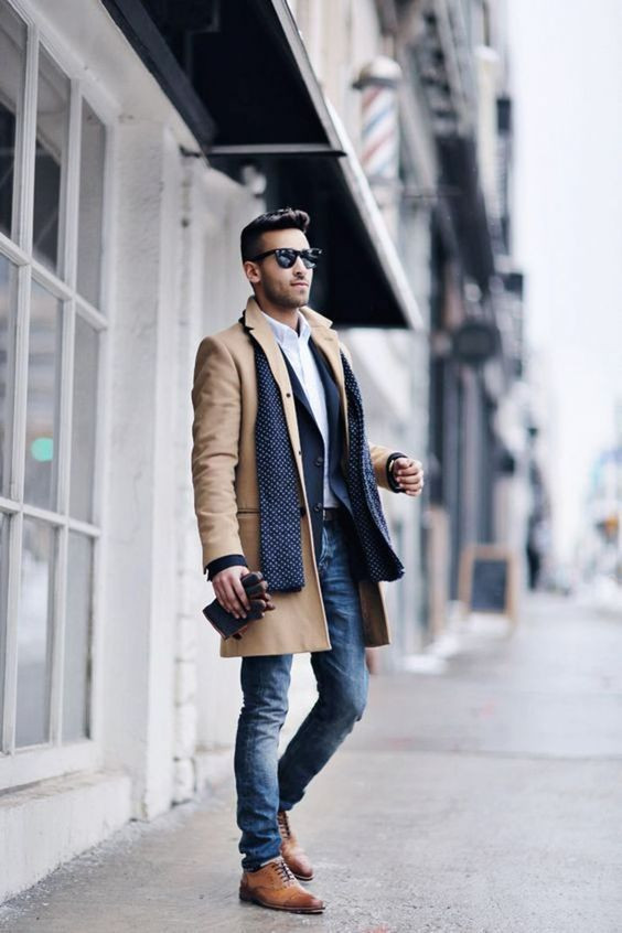 Beige Suit Jackets And Tuxedo, Scarf Outfit Designs With Dark Blue And Navy Casual Trouser, Men's Fall Looks: 