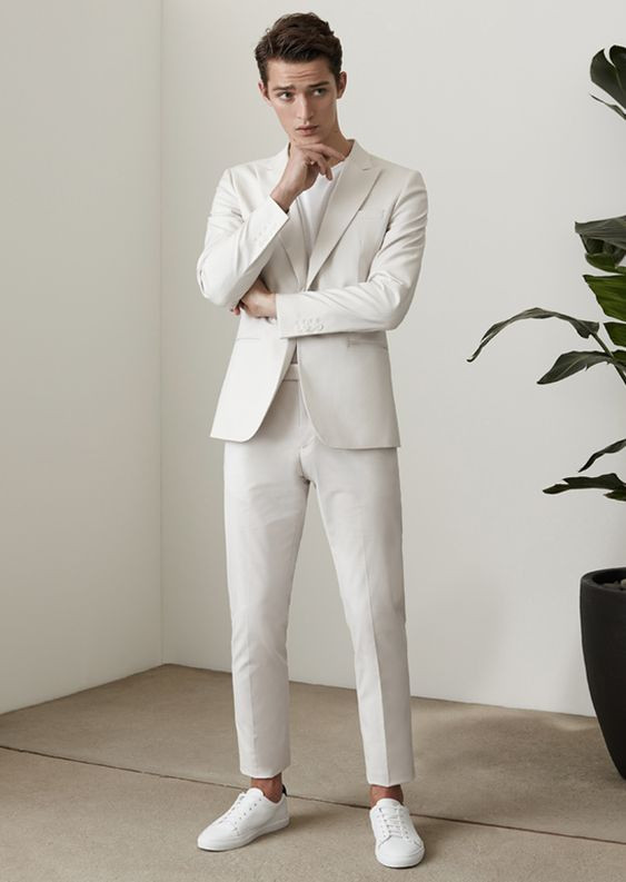 Beige Suit Jackets And Tuxedo, All White Fashion Ideas With White Formal Trouser, White Outfit Men: 