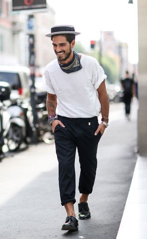 White T-shirt, Bandana Fashion Tips With Black Suit Trouser, Fashion Accessory: 