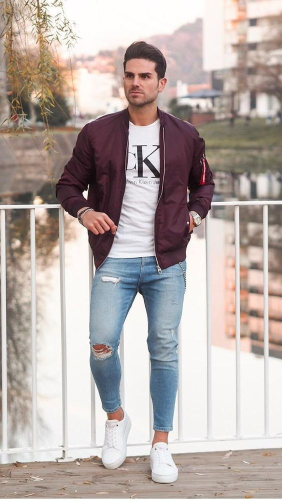 Purple And Violet Bomber Jacket, Birthday Ideas With Light Blue Casual Trouser, Men's Bomber Jacket Outfits: 