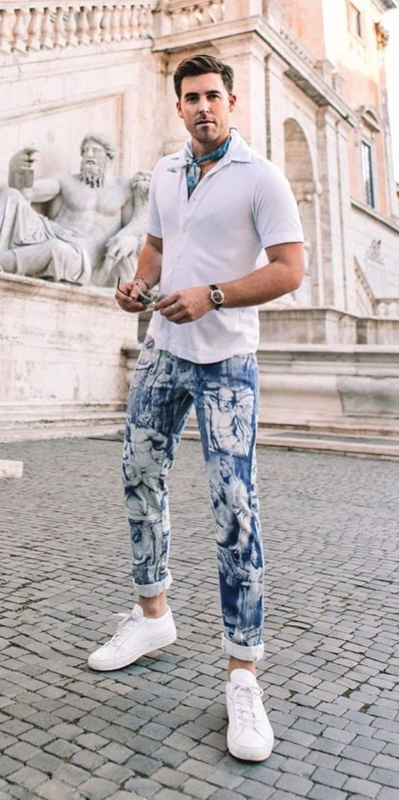 White Shirt, Bandana Outfit Designs With Casual Trouser, Gay Men Fashion 2022: 