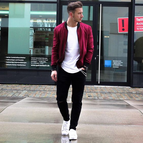 Red Bomber Jacket, Birthday Attires Ideas With Black Jeans, Outfits Con  Tenis Blancos Para Hombre | Casual wear, men's style, fashion design, men's  clothing, luggage and bags