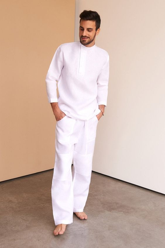 White Sweatshirt, All White Fashion Tips With White Beach Pant, Men's White Linen Casual Outfit: 