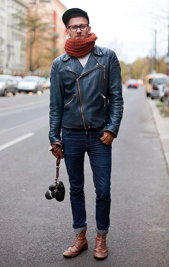 Dark Blue And Navy Biker Jacket, Gloves Outfits Ideas With Dark Blue And Navy Jeans, Brown Leather Gloves With Outfit: 