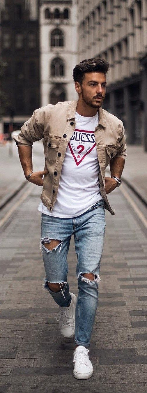 Beige Casual Jacket, Birthday Attires Ideas With Light Blue Jeans, Men Birthday Outfit: 