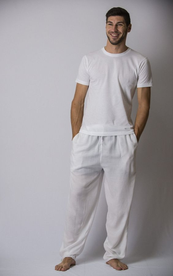 White T-shirt, All White Outfit Designs With White Casual Trouser, White Harem Pants Men Linen: 