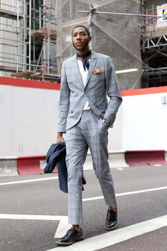 Grey Suit Jackets And Tuxedo, Bandana Clothing Ideas With Grey Suit Trouser, Bandana Outfits Men: 
