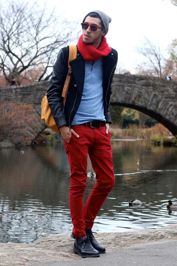 Upper, Scarf Outfit Designs With Red Casual Trouser, Jeans: 