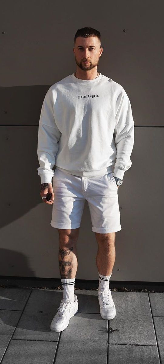 White Sweatshirt, All White Wardrobe Ideas With White Denim Short, All White Summer Outfit Men: 