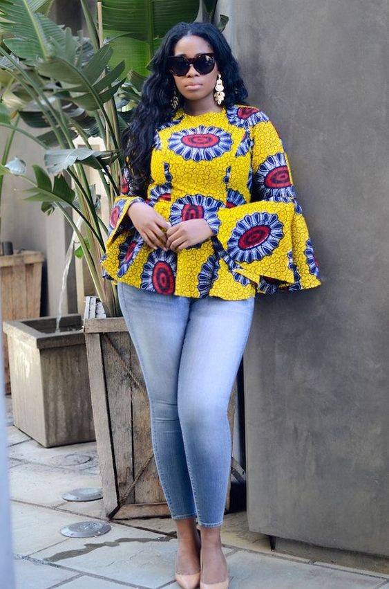 Ankara tops on jeans 2023, Azure and white outfit ideas with top, jeans | Vision care,  prom dresses,  african wax prints: 
