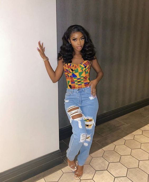 Stylish fancy ankara tops, african print denim jeans african wax prints, slim-fit pants | Mom jeans,  slim-fit pants,  african wax prints: 