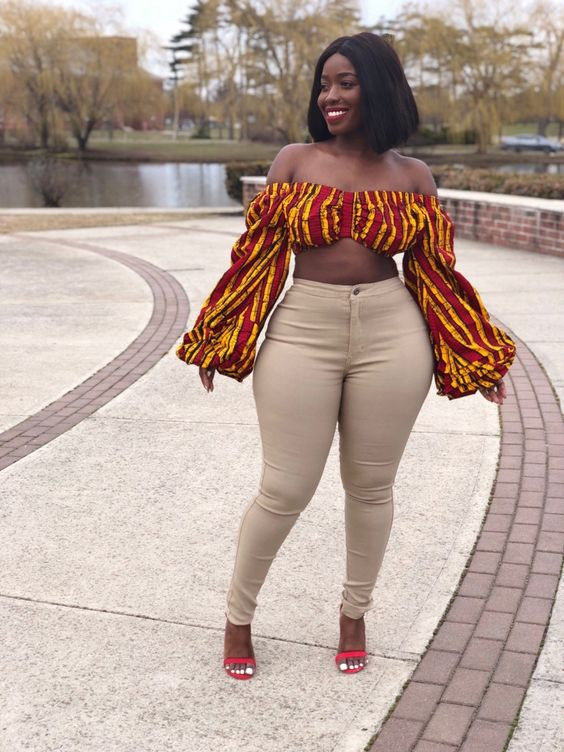 Ankara tops on jeans 2023, orange outfit inspo with jeans, t-shirt, trousers, sportswear | Set pant,  synthetic wigs,  sexy women jeans: 