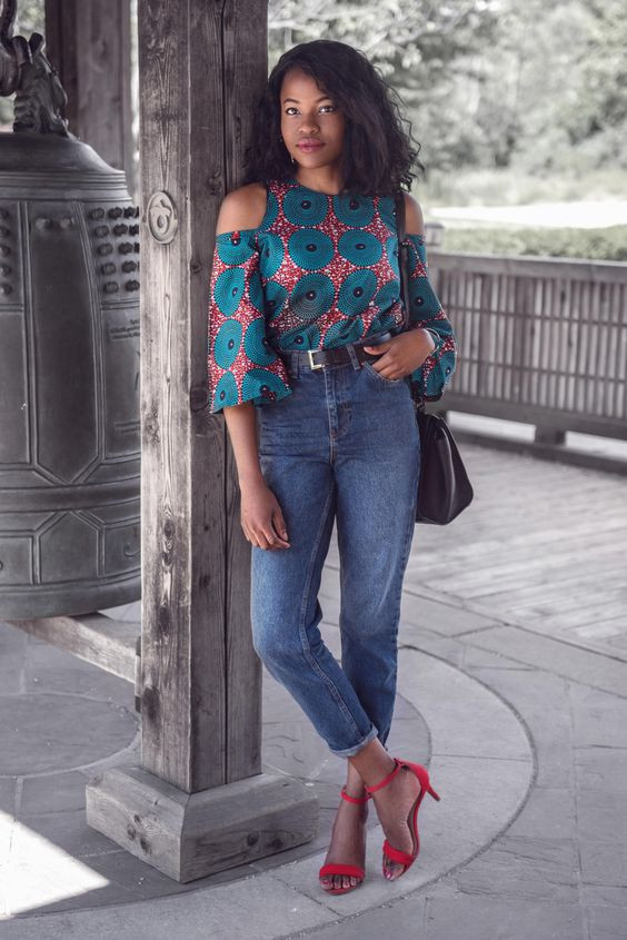 Best ankara tops on jeans, stylish african print tops african wax prints | Dress shirt,  african wax prints: 