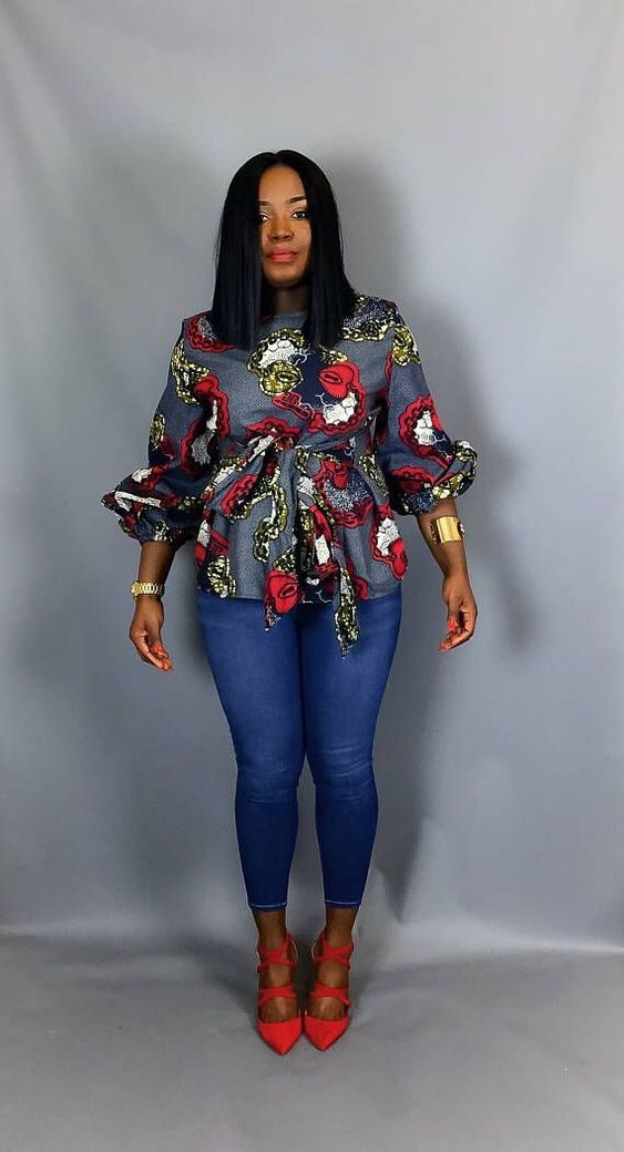 Modern ankara tops, electric blue classy outfit with top, jeans, shirt, one-piece garment | Black hair,  fashion model,  electric blue: 