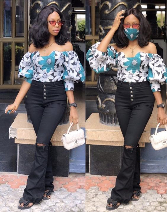 Ways to wear ankaras with jeans, blue style outfit with trousers | Vision care,  leather skirt,  xtycollections ankara top: 