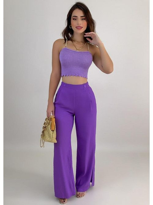 Linen Wide-Leg Pants with Buttoned Slit: 