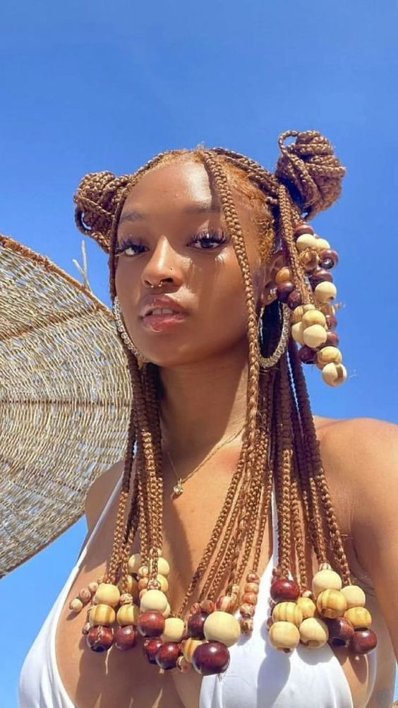 Those wooden beads adorning knotless waves in wheat and honey tones? So natural and lovely!: hair style braids,  braiding hair pre stretched hair,  jumbo braid hair extensions,  hair extension,  religious item,  pre-stretched,  body jewelry,  Box braids,  Black hair  