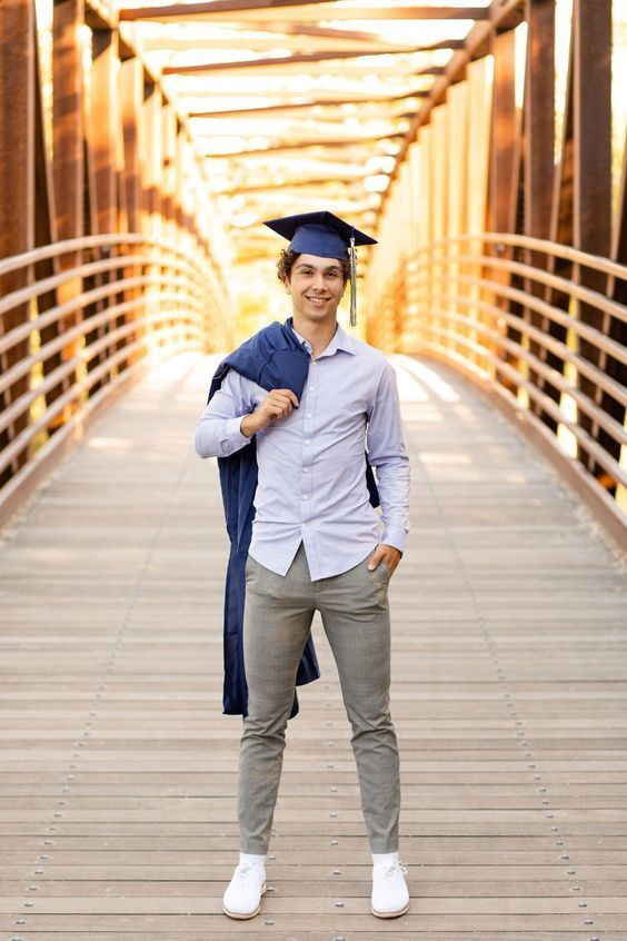 Going for a smart casual vibe for graduation? Pair cool cottons for your ceremony: male graduation outfits,  Graduation ceremony,  academic dress  