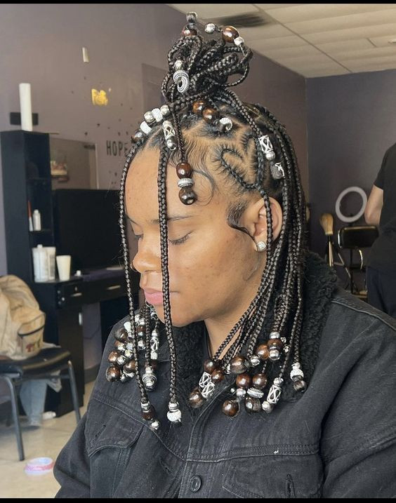 Picture yourself with sleek and silver bead-adorned knotless braids, perfect for the modern muse!: knotless braids with beads and heart,  pre-stretched & pre-sectioned 3x ez split braid hair 60,  Fulani Braids,  body jewelry,  Box braids,  Black hair  