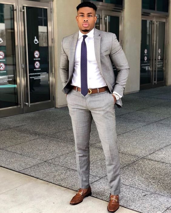 How to Own Your Graduation Look with the Right Mix of Grey Wool and Brown Leather: all gray suit brown shoes,  brown leather slip on shoes,  men's style,  men's suits,  men's suit  