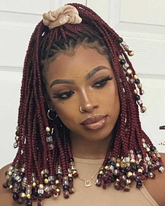 Dreaming of beaded burgundy vibes with those knotless braids!: girls braid hairstyles,  protective hairstyle,  goddess box braids,  Crochet braids,  Short hair,  Box braids  