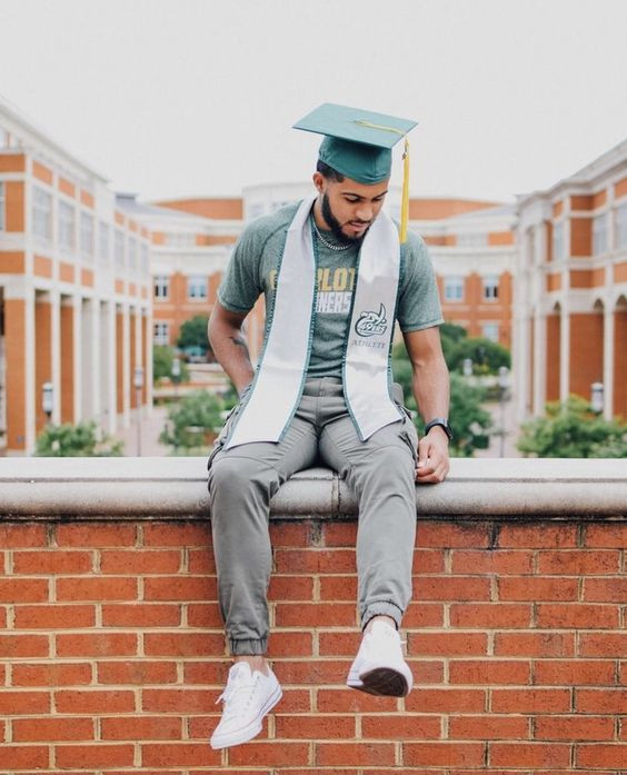 Make some graduation memories while staying comfy in grey, green, and white essentials: graduation top and bottom for man,  Graduation ceremony,  Formal wear  