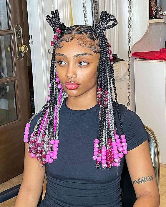 Those black braids are like a bloom of blushing beads!: hair styles braids,  goddess box braids,  hair braid beads,  Crochet braids,  hair extension,  body jewelry,  Box braids  