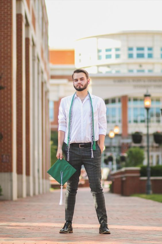 Keep it easy-breezy for graduation in classic denim and a fresh white shirt!: arby's,  Graduation ceremony,  academic dress,  men's suits,  Air Jordan  