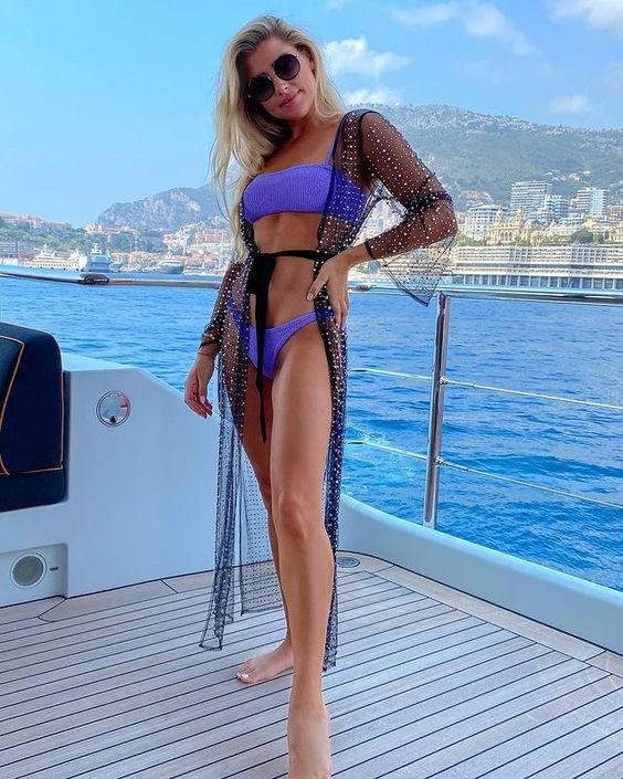 Melanie Collins rocks That Mesh and Purple Bikini Combo on the Yacht!: melanie collins barefoot,  pearl & rhinestones,  One-Piece Swimsuit,  bikini cover-up,  melanie collins,  Swimming pool,  Lingerie Top,  Swimsuit Top  
