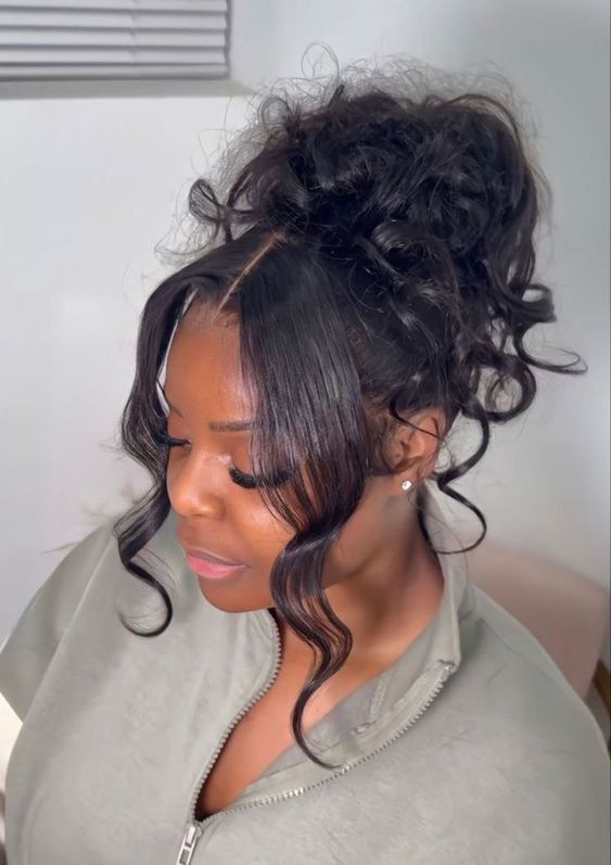 Get that prom night look with a messy bun that's just right for us black girls!: messy bun frontal,  hair extension,  Layered hair,  window blind,  Black hair,  Long hair  