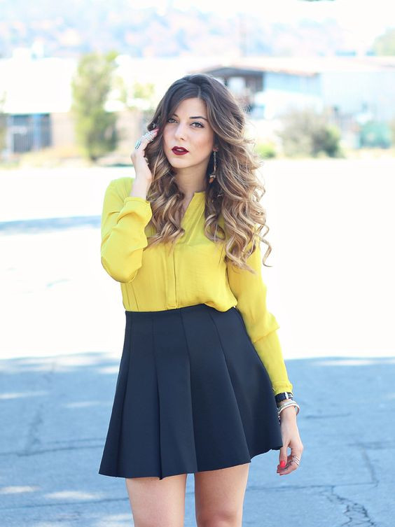 Pairing this lemon color top with a black mini skirt is a great choice!!🍋💄: woman,  cocktail dress,  fashion model,  Formal wear  