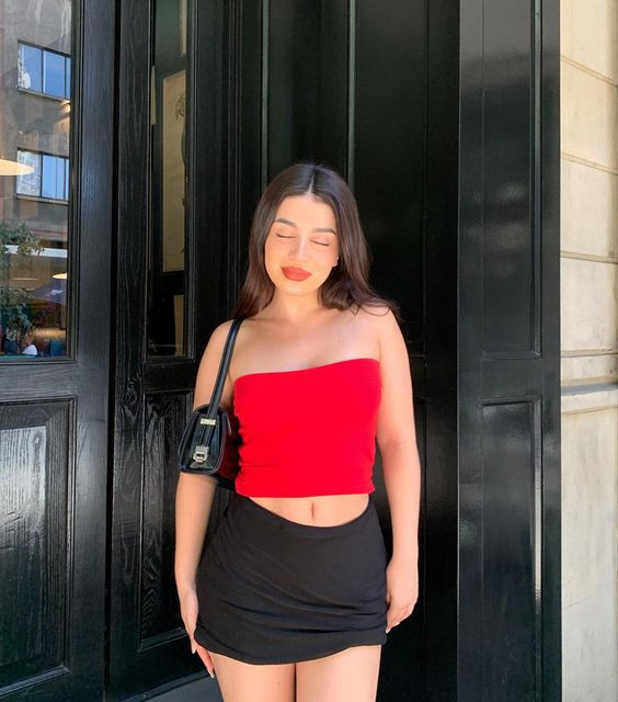 Just imagine how fabulous you'd look in this Red top and Black mini skirt!💖🖤: woman,  cocktail dress,  Crop top  