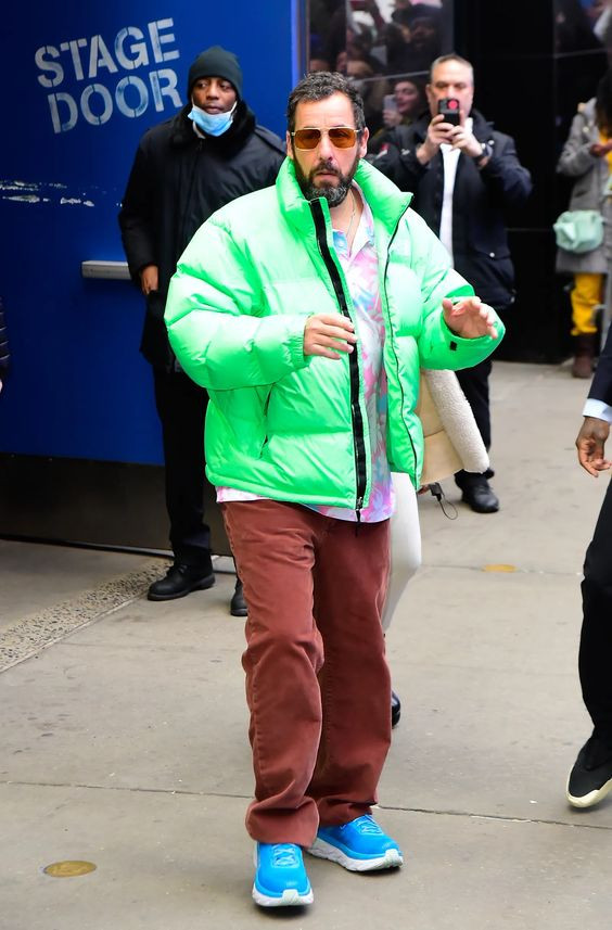 Steal the spotlight with Adam’s Neon Green Puffer and Brown Pants!: adam sandler fashion icon,  Electric blue,  anti-fashion,  fashion icon,  adam sandler  