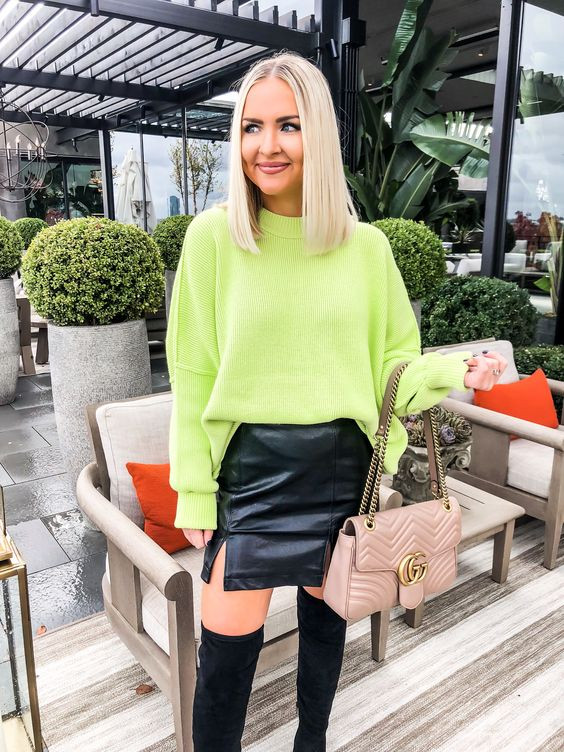 How adorable is this neon Top and Black Mini skirt combo?✨💚 BrightAndBold: lady,  Outfit of The Day,  High-Heeled Shoe,  travel itinerary  